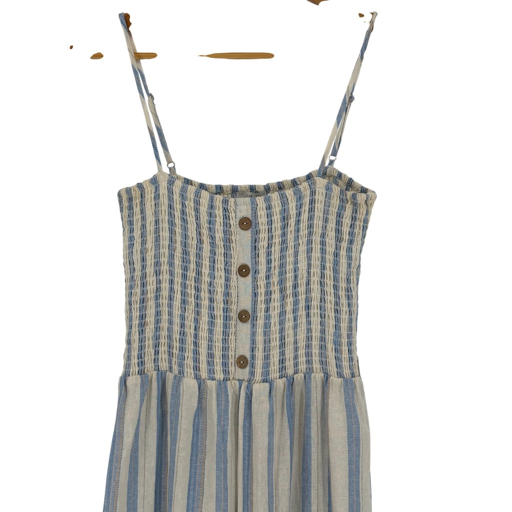 Love Tree Striped Wide Leg Jumpsuit Large Blue White Linen Blend Smocked Coastal - Picture 3 of 9